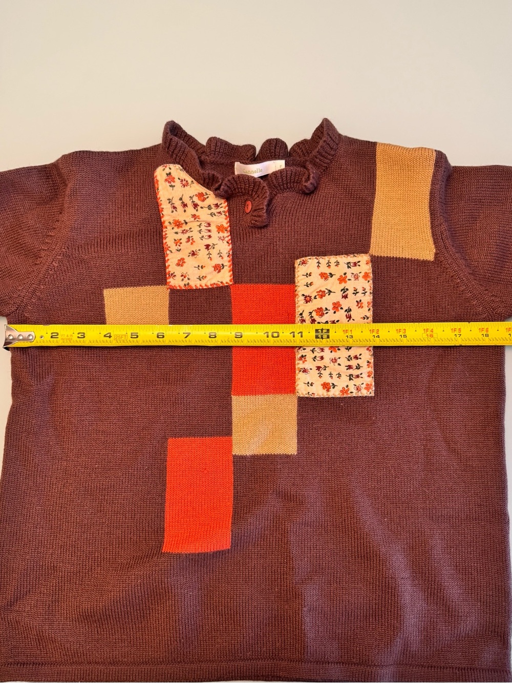 Cannelle Vintage Style Patchwork Wool Blend Sweater Brown Floral Patch M - Picture 4 of 10